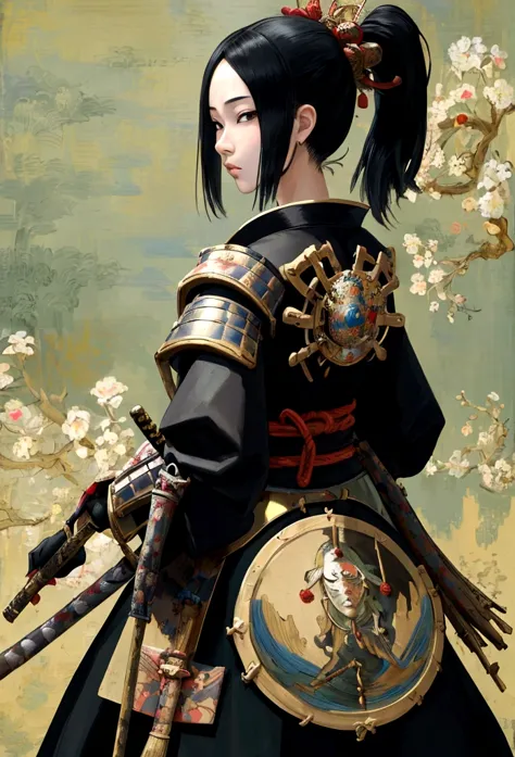 a picture of Japanese female knight, she has long black hair, wearing samurai armor, armed with a katana, ready for battle, ((sh...