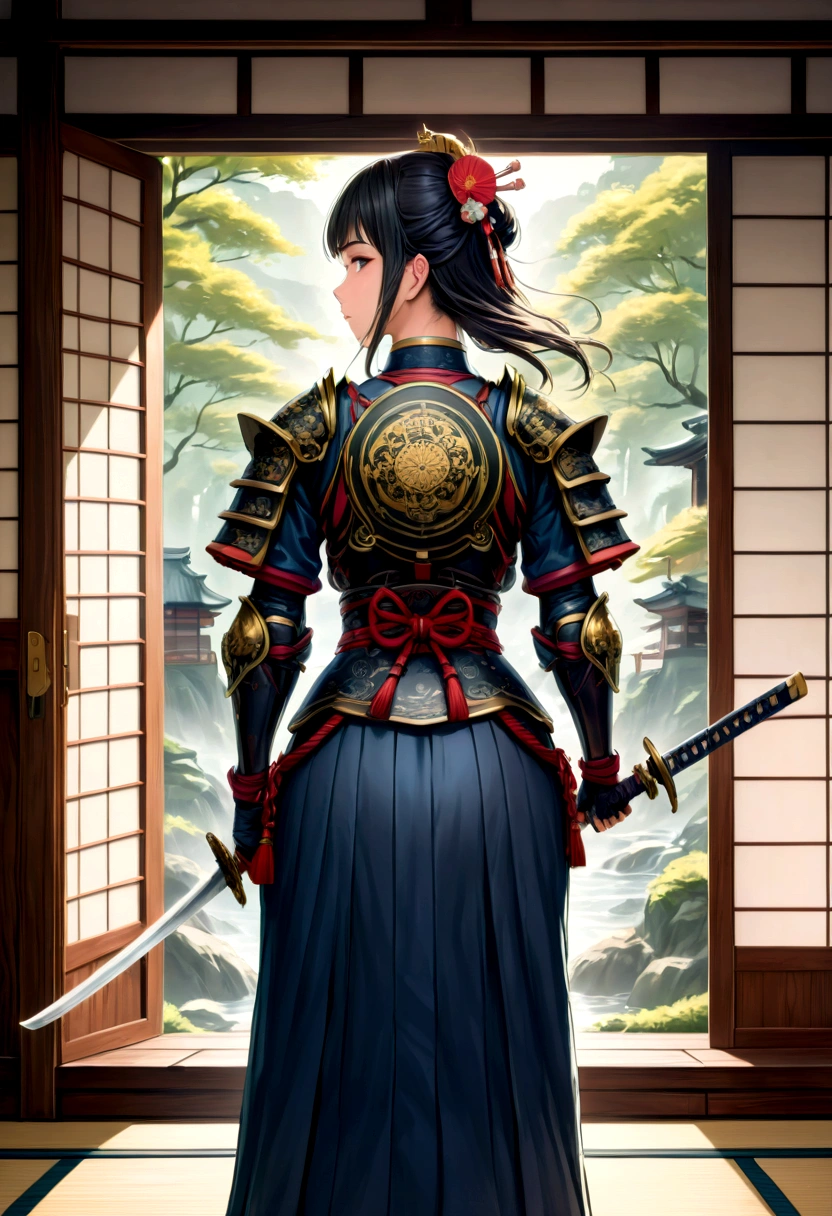 uma foto de uma cavaleira japonesa, Ela tem o cabelo preto longo, vestindo armadura de samurai, armado com uma katana, pronto para a batalha, ((tiro tirado das costas)), Arte de fantasia japonesa, (obra de arte: 1.5), 16k, alta resolução, melhor qualidade, detalhes altos, ultra detalhado, obra de arte, melhor qualidade, (extremamente detalhado), arafed, arte, Katana Japonesa