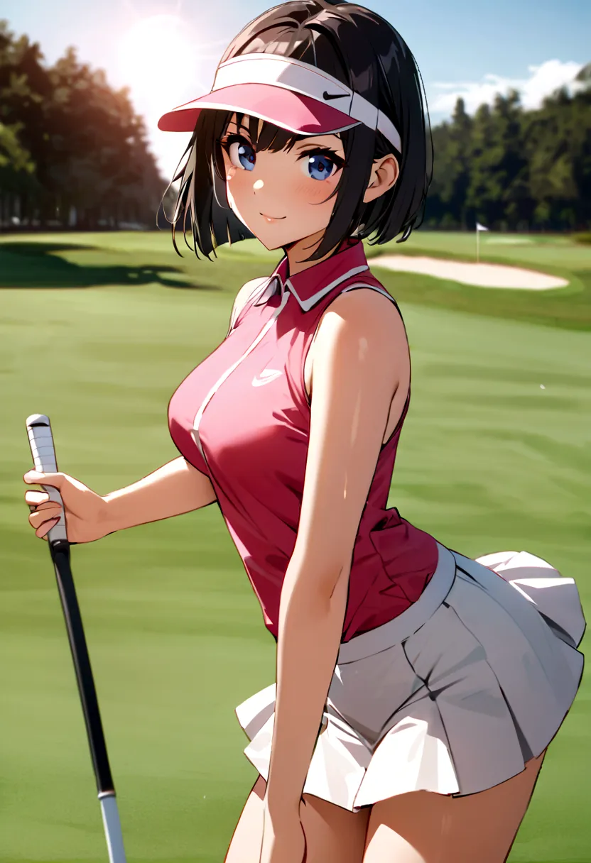 sound　high resolution　8k beauty　woman playing golf　golf course　beautiful woman　bobcut　black hair　　golf wear　mini skirt　smile　　lo...