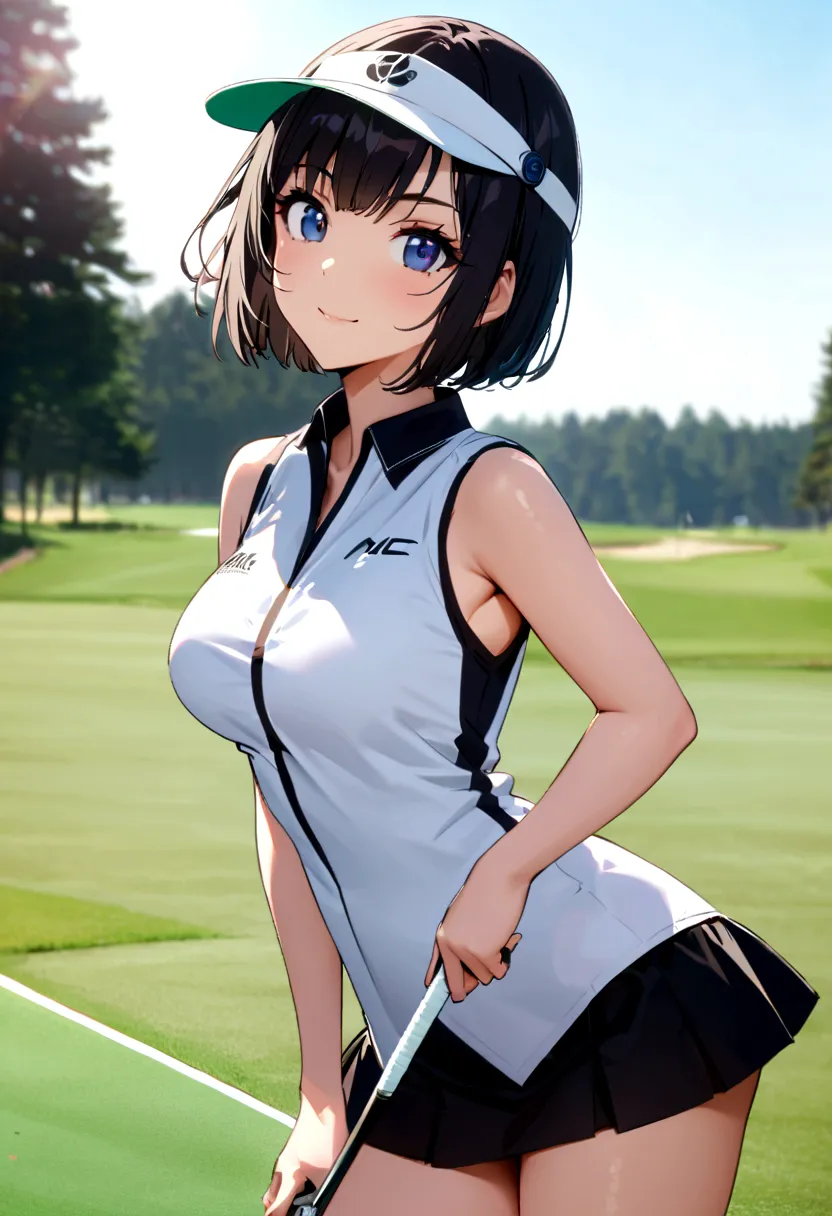 sound　high resolution　8k beauty　Woman playing golf　Golf course　Beautiful woman　Bobcut　Black Hair　　Golf Wear　mini skirt　smile　　lo...