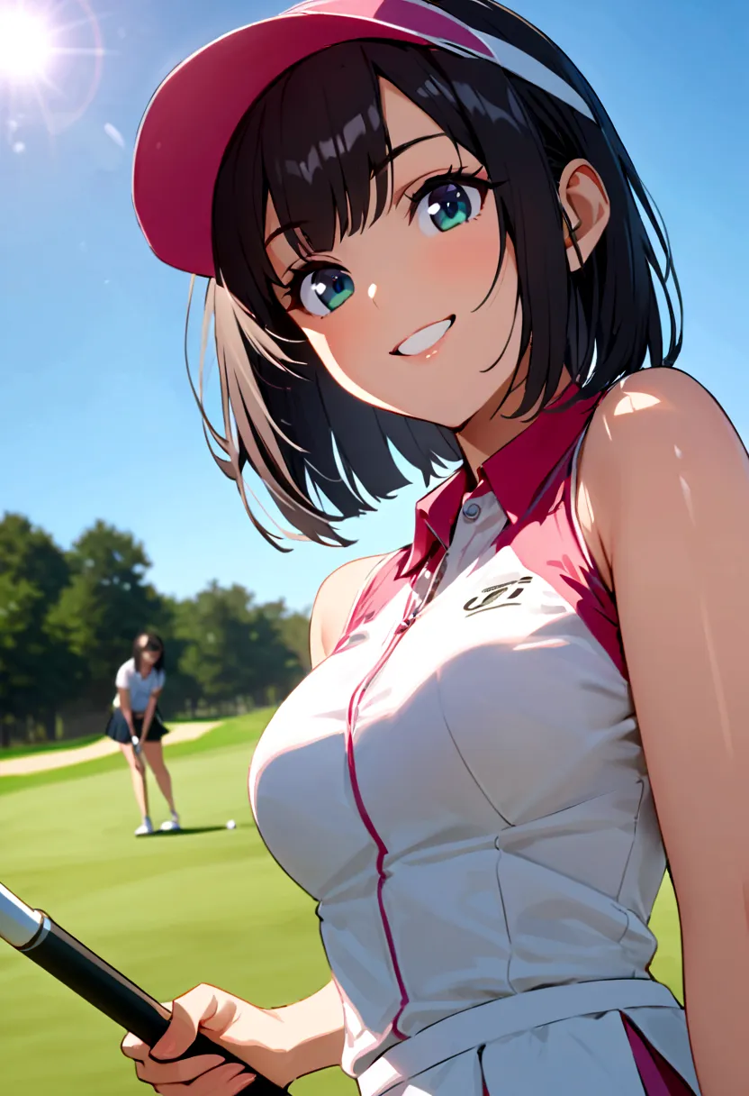 sound　high resolution　8k beauty　Woman playing golf　Golf course　Beautiful woman　Bobcut　Black Hair　　Golf Wear　mini skirt　smile　　lo...