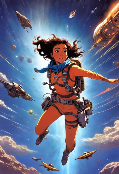 a girl space adventurer, flying through space