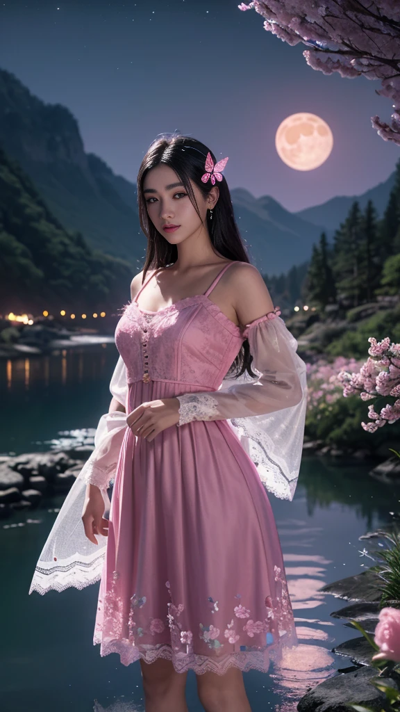 8K, ultra hd, masterpiece, 1 girl, ((18 years old girl)), good face, very long hair, detailed eyes, detailed lips, small breasts, ((polythene clothing, pink clothing)), ((criss-cross lace)), sardine, ornament, jewellery, antique jewellery, loops, straps, dim lighting, epic scenery, ((night scenery:1.5)), ((Realistic moon)), cherry blossom, beautiful, rain, flowers, butterfly, water reflection, RTX 4090, (unreal engine 5), ray tracing, bloom effect, perfect pose,