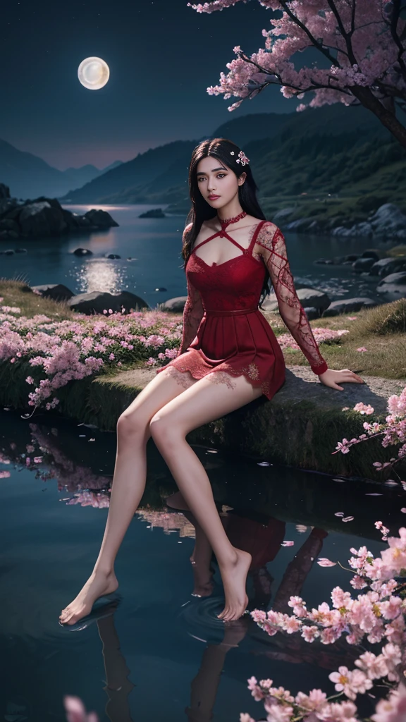 8K, ultra hd, masterpiece, 1 girl, ((18 years old girl)), good face, very long hair, detailed eyes, detailed lips, small breasts, detailed clothing, red clothing, ((criss-cross lace)), sardine, ornament, jewellery, antique jewellery, loops, straps, dim lighting, epic scenery, ((night scenery:1.5)), ((Realistic moon)), cherry blossom, beautiful, rain, flowers, butterfly, water reflection, RTX 4090, (unreal engine 5), ray tracing, bloom effect, front body, sitting, 