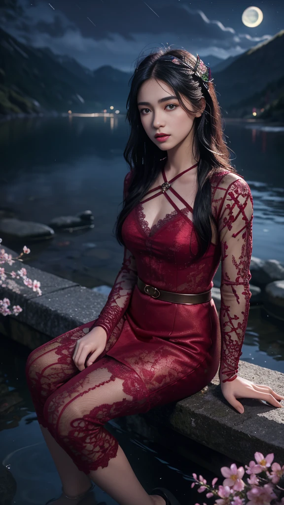 8K, ultra hd, masterpiece, 1 girl, ((18 years old girl)), good face, very long hair, detailed eyes, detailed lips, small breasts, detailed clothing, red clothing, ((criss-cross lace)), sardine, ornament, jewellery, antique jewellery, loops, straps, dim lighting, epic scenery, ((night scenery:1.5)), ((Realistic moon)), cherry blossom, beautiful, rain, flowers, butterfly, water reflection, RTX 4090, (unreal engine 5), ray tracing, bloom effect, front body, sitting, 