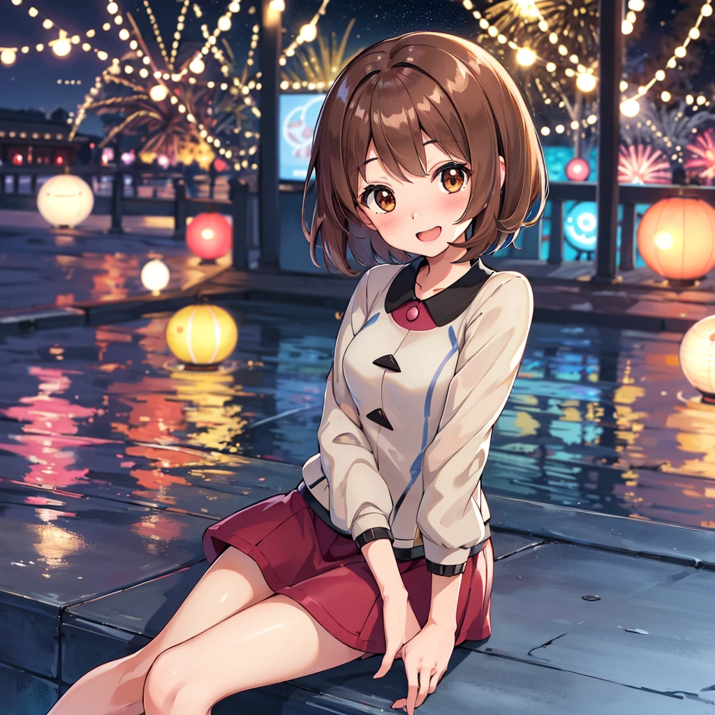 masterpiece, highest quality, High resolution, Gloria1, 1 Girl, Gloria\(Pokémon\), Brown Hair, , Brown Eyes, , Short Hair, , Bobcut, bangs, , 　１Describe a girl carefully　１Girl　A sloppy smile　blush　Open Mouth　blush　In town　Jacket　shirt　mini skirt　Night Moon　firework　Festivals