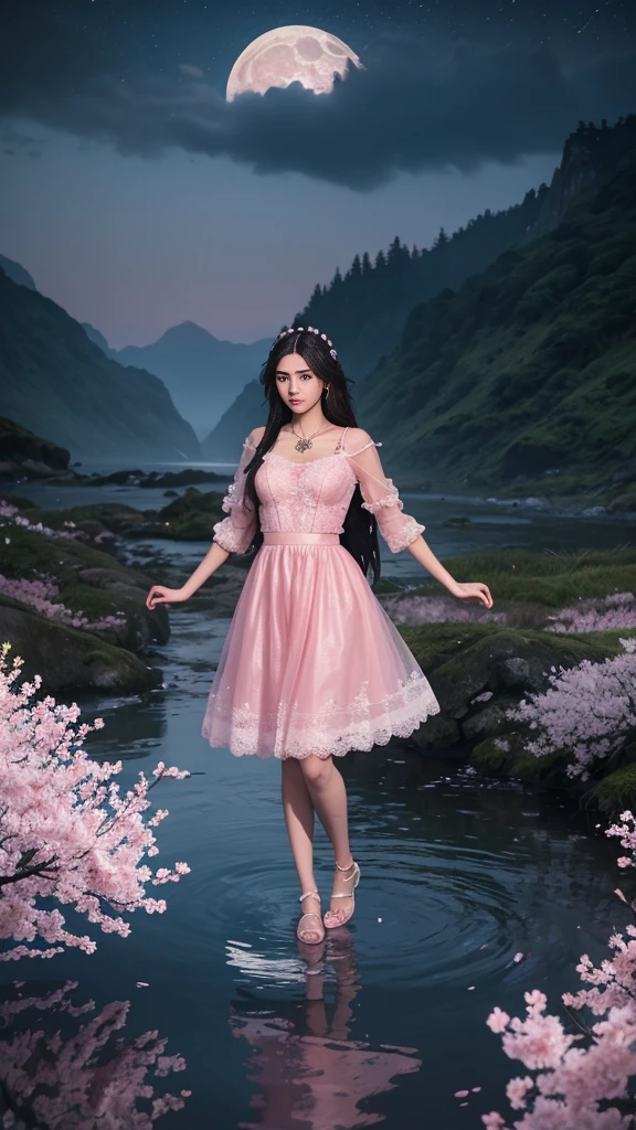 8K, ultra hd, masterpiece, 1 girl, ((18 years old girl)), good face, very long hair, detailed eyes, detailed lips, small breasts, ((polythene clothing, pink clothing)), ((criss-cross lace)), sardine, ornament, jewellery, antique jewellery, loops, straps, dim lighting, epic scenery, ((night scenery:1.5)), ((Realistic moon)), cherry blossom, beautiful, rain, flowers, butterfly, water reflection, RTX 4090, (unreal engine 5), ray tracing, bloom effect, perfect pose,