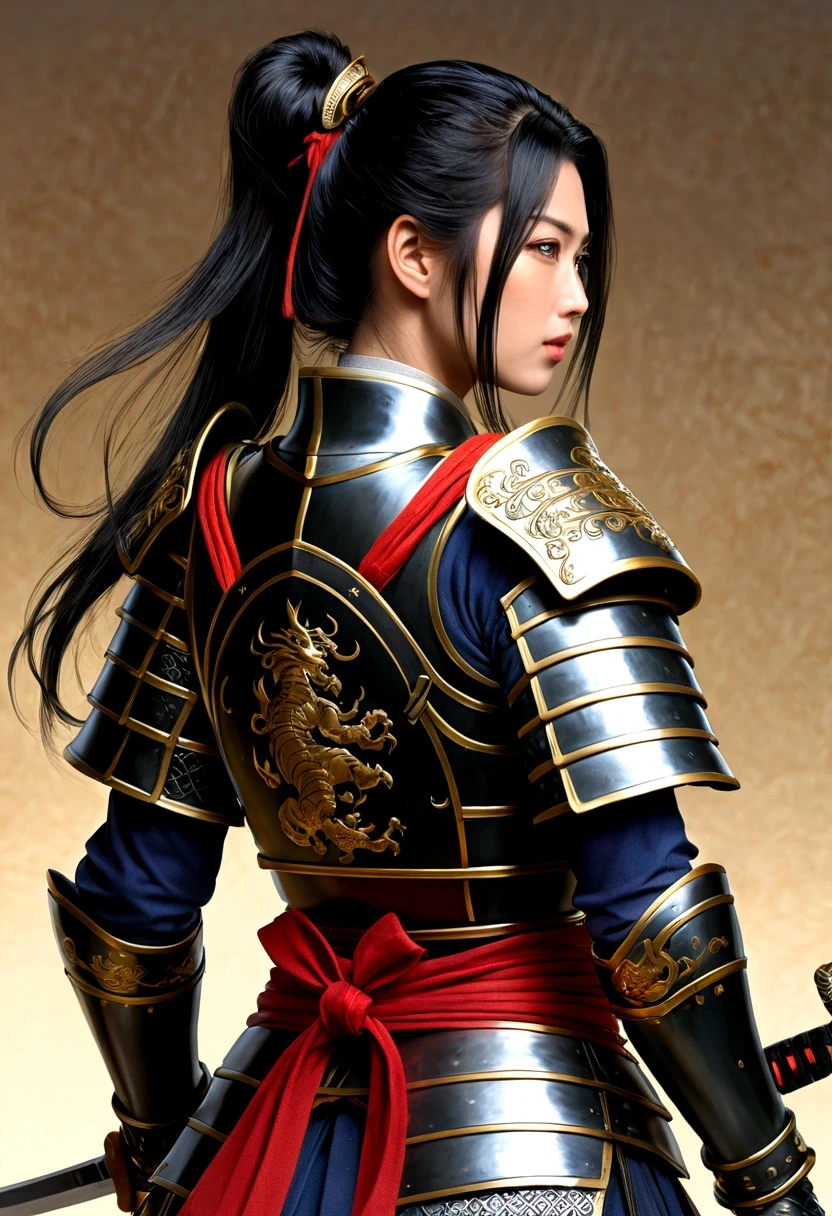 日本女騎士圖片, 她有一頭長長的黑髮, 穿著武士盔甲, 手持武士刀, 準備戰鬥, ((從後面拍攝的照片)), 日本奇幻艺术, (傑作: 1.5), 16k, 高解析度, 最好的品質, 高細節, 超詳細, 傑作, 最好的品質, (非常詳細), 阿拉費德, dnd藝術, 日本武士刀