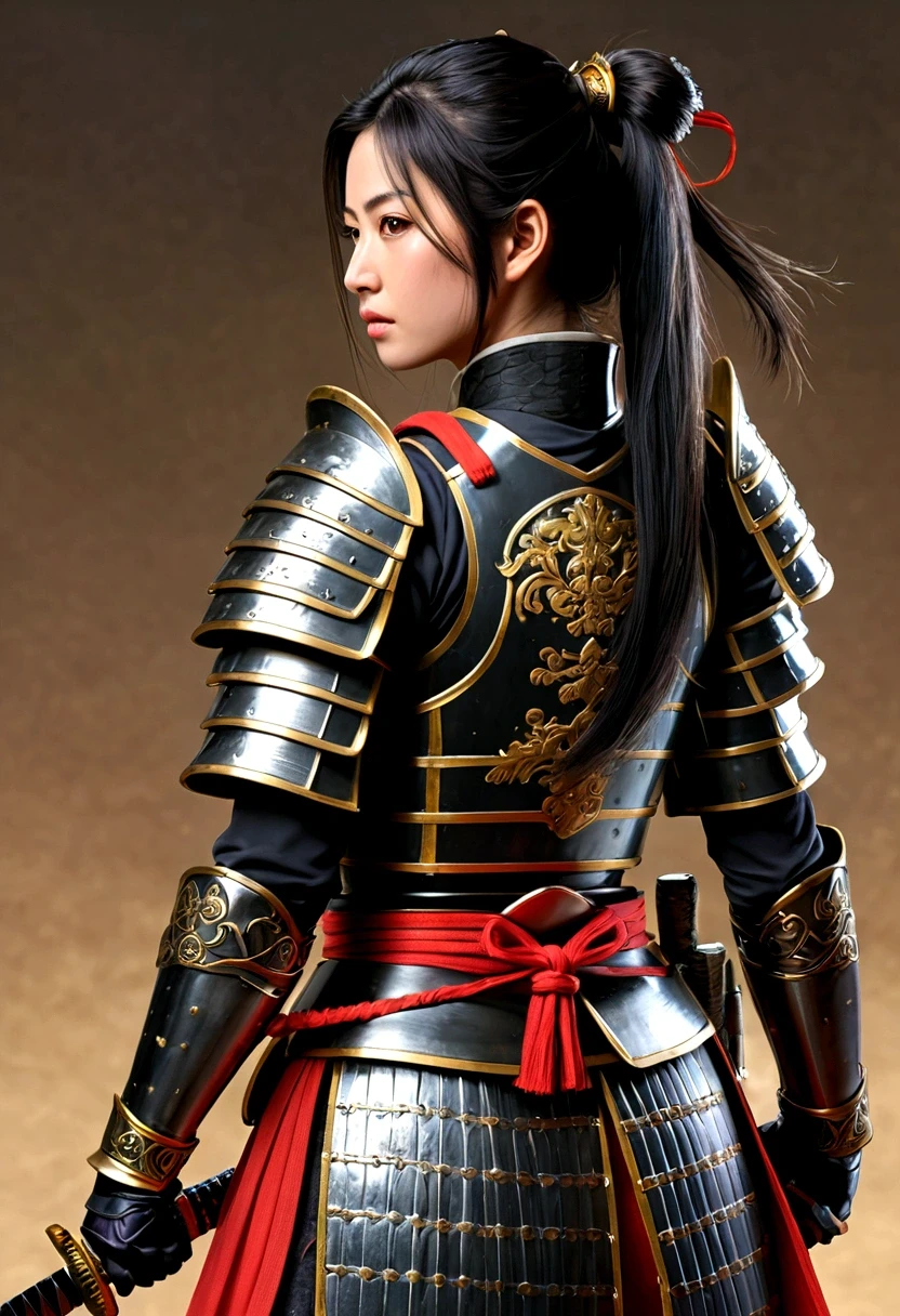 une photo d&#39;une femme chevalier japonaise, Elle a de longs cheveux noirs, porter une armure de samouraï, armé d&#39;un katana, prêt pour la bataille, ((photo prise de dos)), Art fantastique japonais, (chef-d&#39;œuvre: 1.5), 16k, haute résolution, Meilleure qualité, détails élevés, ultra détaillé, chef-d&#39;œuvre, Meilleure qualité, (extrêmement détaillé), arafé, art du mdn, JaponaisKatana