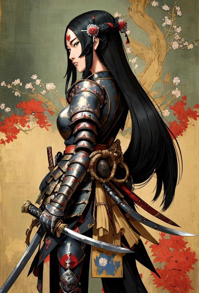 a picture of Japanese female knight, she has long black hair, wearing samurai armor, armed with a katana, ready for battle, ((shot taken from the back)), Japanese fantasy art, (Masterpiece: 1.5), 16k, highres, best quality, high details, ultra detailed, masterpiece, best quality, (extremely detailed), arafed, dnd art, JapaneseKatana