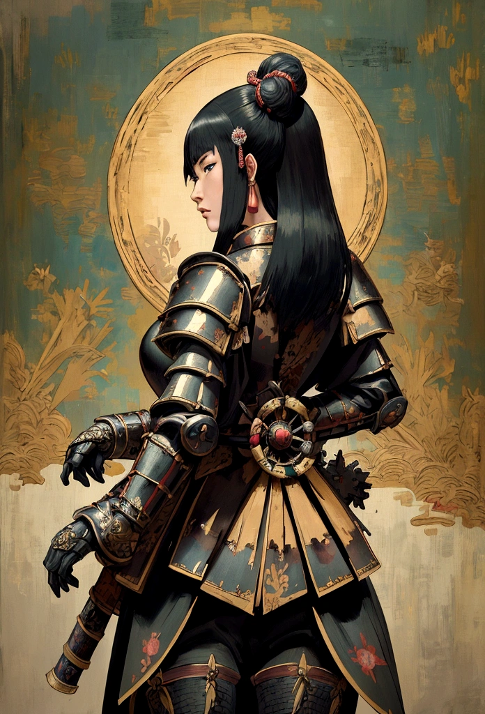 a picture of Japanese female knight, she has long black hair, wearing samurai armor, armed with a katana, ready for battle, ((shot taken from the back)), Japanese fantasy art, (Masterpiece: 1.5), 16k, highres, best quality, high details, ultra detailed, masterpiece, best quality, (extremely detailed), arafed, dnd art, JapaneseKatana