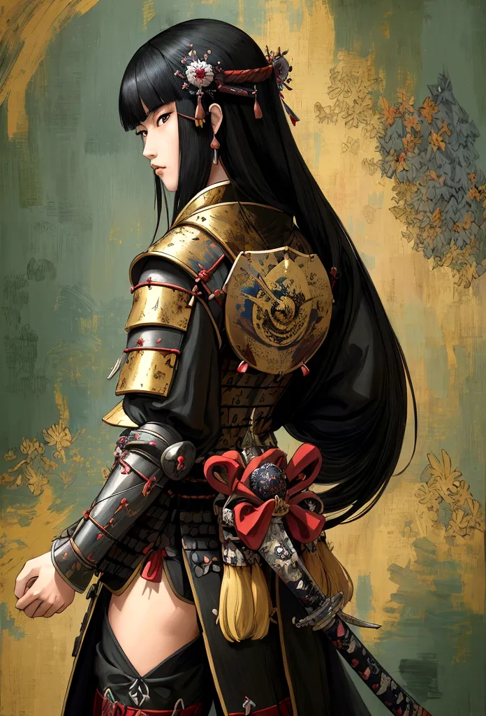 a picture of Japanese female knight, she has long black hair, wearing samurai armor, armed with a katana, ready for battle, ((sh...