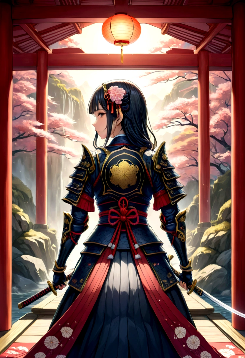 Ukiyoe style, a picture of Japanese female knight, she has long black hair, wearing samurai armor, armed with a katana, ready for battle, ((shot taken from the back)), Japanese fantasy art, (Masterpiece: 1.5), 16k, highres, best quality, high details, ultra detailed, masterpiece, best quality, (extremely detailed), arafed, dnd art, JapaneseKatana