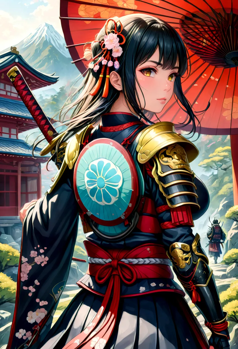 Ukiyoe style, a picture of Japanese female knight, she has long black hair, wearing samurai armor, armed with a katana, ready fo...