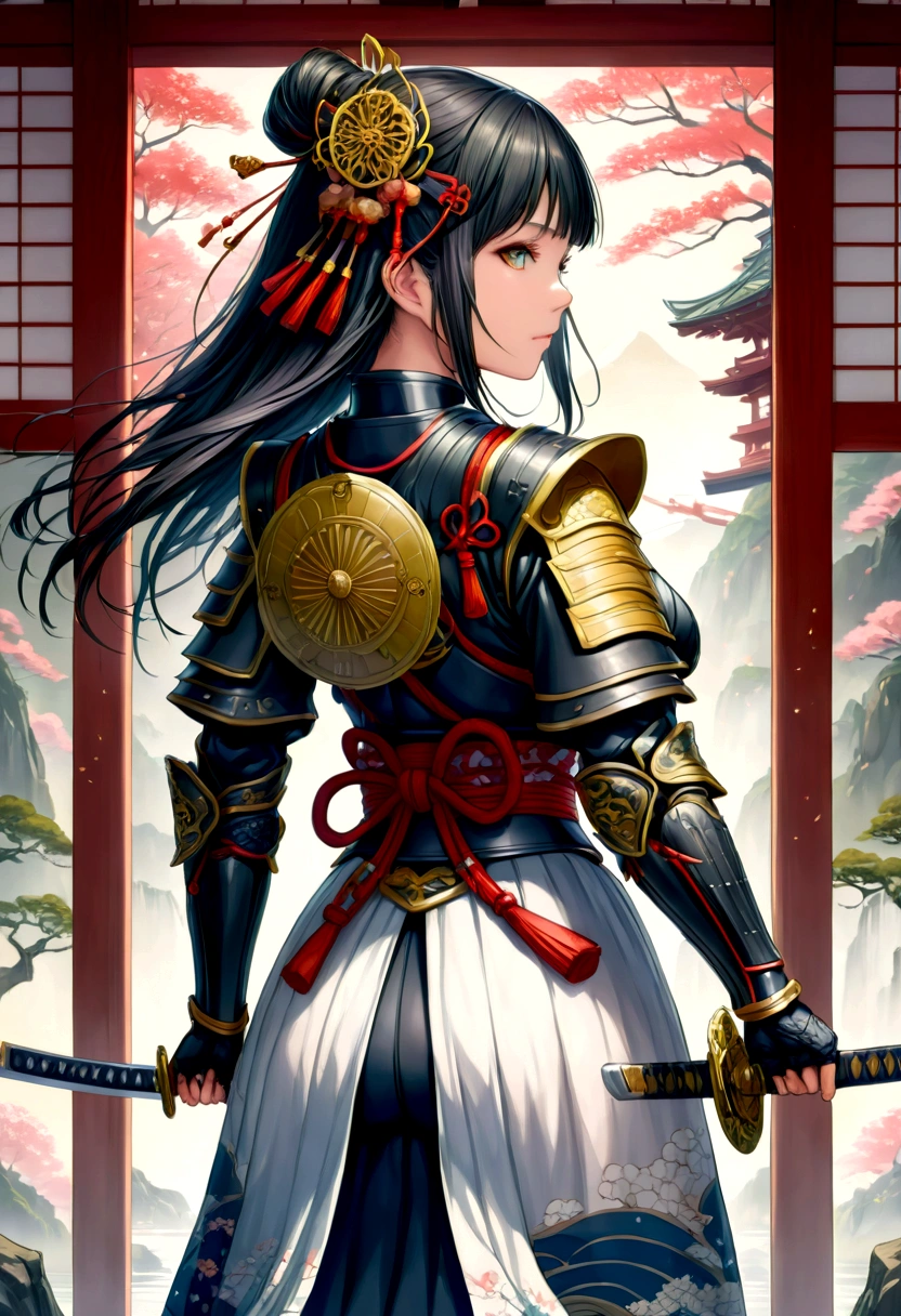 estilo ukiyoe, una imagen de una caballero japonesa, ella tiene el pelo largo y negro, usando armadura samurái, armado con una katana, preparado para la batalla, ((disparo tomado desde atrás)), arte de fantasía japonés, (obra maestra: 1.5), 16k, alta resolución, mejor calidad, detalles altos, ultra detallado, obra maestra, mejor calidad, (extremadamente detallado), arafa, dnd arte, JaponésKatana