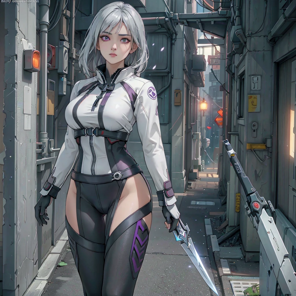 a mature woman with long gray white hair, naked body, bright purple eyes, big breasts, perky thighs,, smooth body. Japan style, sword blade


 colorful, hdr, ray tracing, nvidia rtx, super-resolution, unreal 5, subsurface scattering, pbr texturing, post-processing, anisotropic filtering, depth of field, maximum clarity and sharpness, rule of thirds, 16k raw, (luminescent particles:1.4), extremely detailed cg, unity 8k wallpaper, 3d, cinematic lighting, lens flare, reflections, sharp focus, cyberpunk art, realistic, highly detailed CG illustration, an extremely delicate and beautiful, cinematic light, (photorealistic:1.5), (Dark background:1.5), dynamic angle, masterpiece, best quality, ultra-detailed, illustration, detailed light, dramatic_shadow, face shadow, extra detailed, best performance