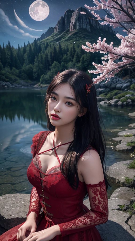 8K, ultra hd, masterpiece, 1 girl, ((18 years old girl)), good face, very long hair, detailed eyes, detailed lips, small breasts, detailed clothing, red clothing, ((criss-cross lace)), sardine, ornament, jewellery, antique jewellery, loops, straps, dim lighting, epic scenery, ((night scenery:1.5)), ((Realistic moon)), cherry blossom, beautiful, rain, flowers, butterfly, water reflection, RTX 4090, (unreal engine 5), ray tracing, bloom effect, front body, sitting, 