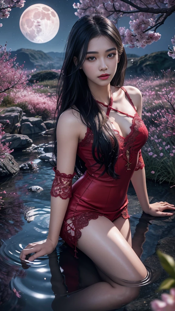 8K, ultra hd, masterpiece, 1 girl, ((18 years old girl)), good face, very long hair, detailed eyes, detailed lips, small breasts, detailed clothing, red clothing, ((criss-cross lace)), sardine, ornament, jewellery, antique jewellery, loops, straps, dim lighting, epic scenery, ((night scenery:1.5)), ((Realistic moon)), cherry blossom, beautiful, rain, flowers, butterfly, water reflection, RTX 4090, (unreal engine 5), ray tracing, bloom effect, front body, sitting, 