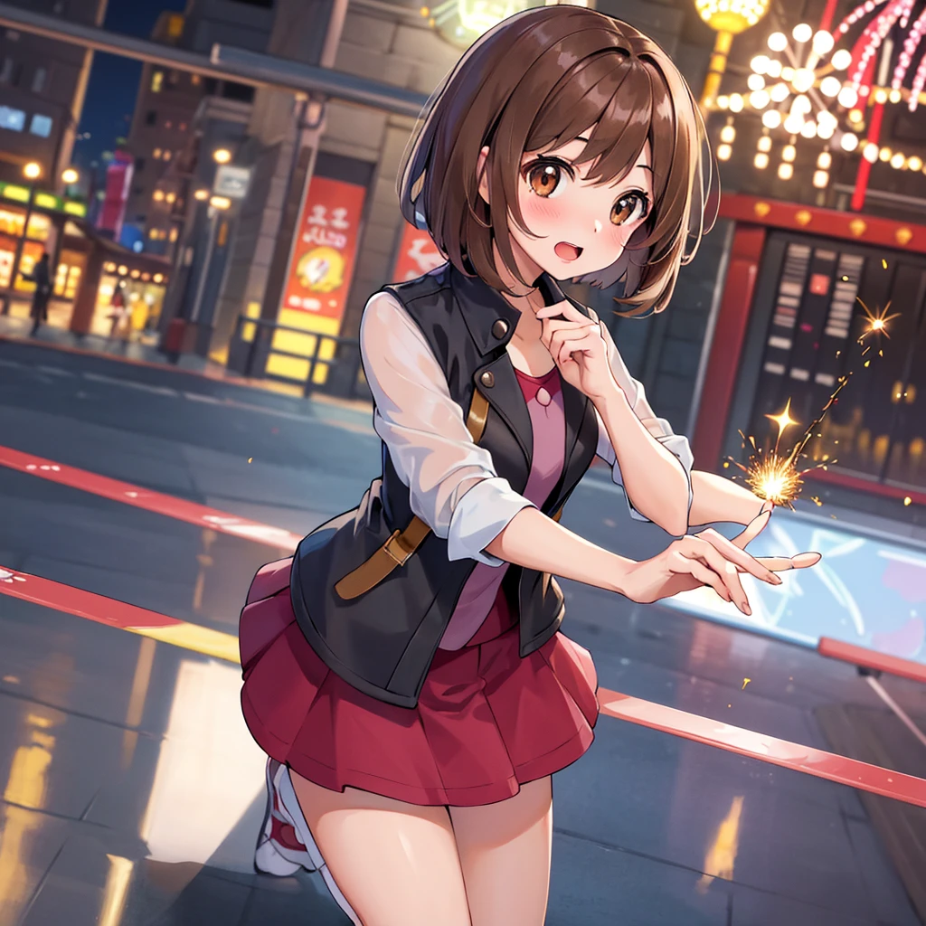 masterpiece, highest quality, High resolution, Gloria1, 1 Girl, Gloria\(Pokémon\), Brown Hair, , Brown Eyes, , Short Hair, , Bobcut, bangs, , 　１Describe a girl carefully　１Girl　Expression in love　blush　Open Mouth　blush　In town　Jacket　shirt　mini skirt　Night Moon　firework　Festivals