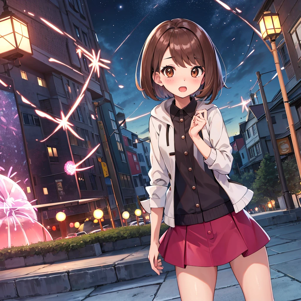 masterpiece, highest quality, High resolution, Gloria1, 1 Girl, Gloria\(Pokémon\), Brown Hair, , Brown Eyes, , Short Hair, , Bobcut, bangs, , 　１Describe a girl carefully　１Girl　Expression in love　blush　Open Mouth　blush　In town　Jacket　shirt　mini skirt　Night Moon　firework　Festivals