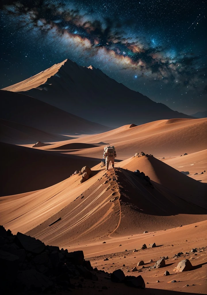 Create a painting of an astronaut on Mars at night, with a backdrop of towering mountains silhouetted against the starry sky. Include intricate details of rocks scattered across the Martian terrain, capturing the serene yet otherworldly beauty of the Red Planet.