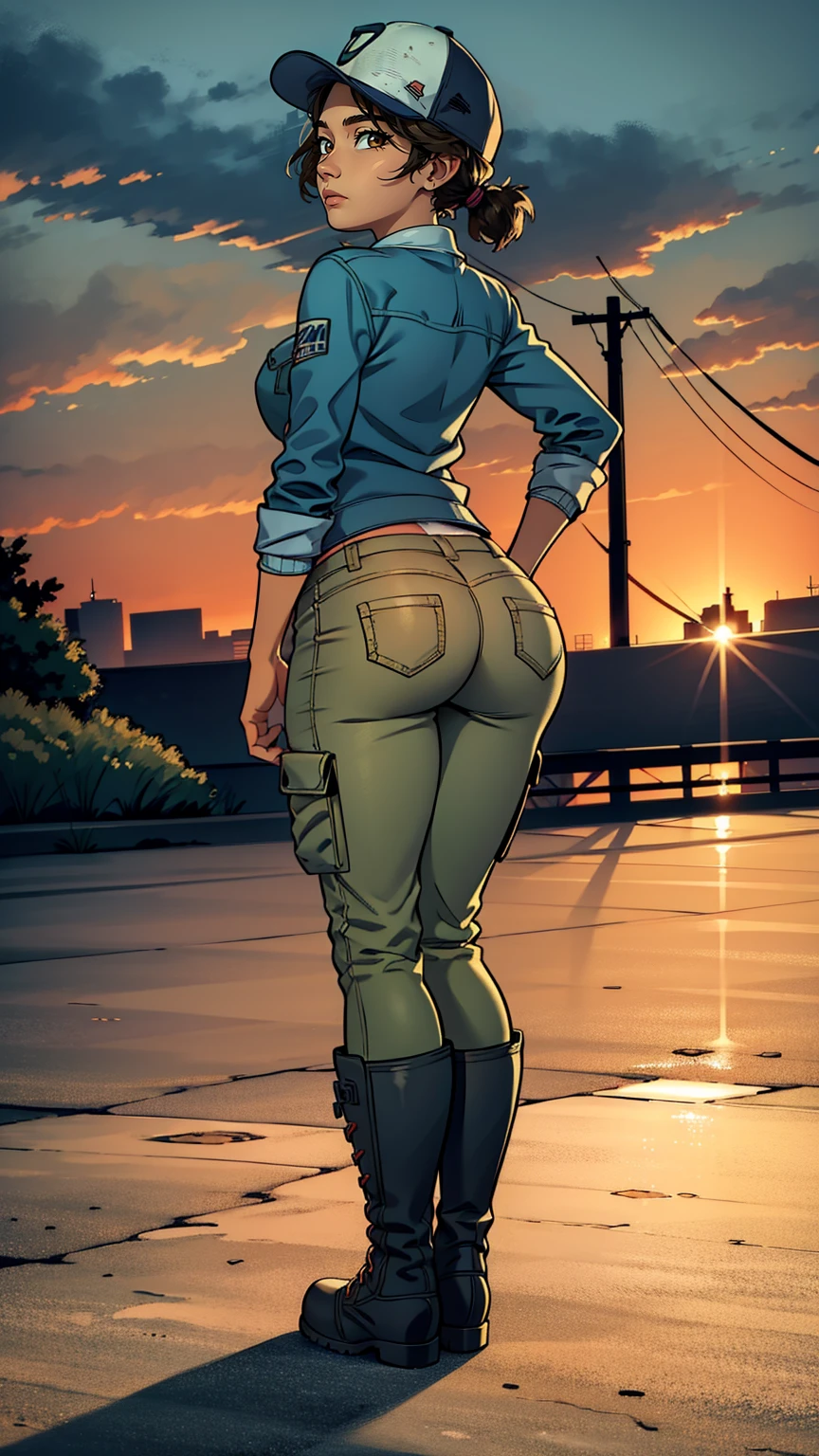 ((masterpiece, best quality)),(complex lighting) ,solo,(((1girl))) ,clementine, light skin,light-skinned female, baseball cap, green cargo pants, brown eyes, tight pants, combat boots, shirt, short hair, one short ponytail, open denim jacket, huge butt, thicc butt , (((8k))), (((full body))), (((bent over))), (((looking at the viewer))), cameltoe