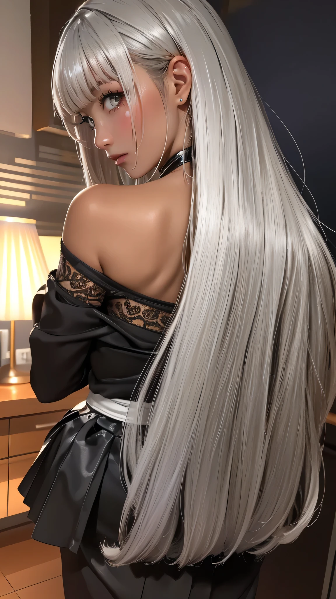 from behind,backwards,high school girl,silver hair,(ebony skin:1.2),(Thin type:1.8),(big breasts),(random hairstyle),(Highest image quality,(8k),ultra-realistic,best quality, high quality, high definition, high quality texture,high detail,beautiful detailed,fine detailed,extremely detailed cg,detailed texture,a realistic representation of the face,masterpiece,Sense of presence)