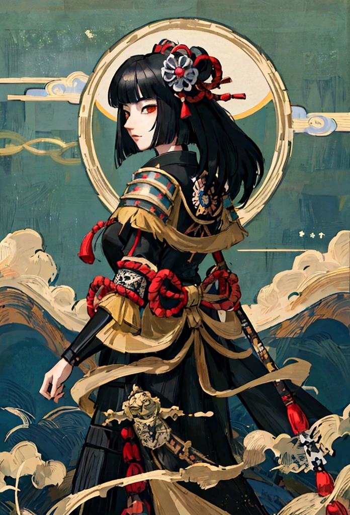 uma foto de uma cavaleira japonesa, Ela tem o cabelo preto longo, vestindo armadura de samurai, armado com uma katana, pronto para a batalha, ((tiro tirado das costas)), Arte de fantasia japonesa, (obra de arte: 1.5), 16k, alta resolução, melhor qualidade, detalhes altos, ultra detalhado, obra de arte, melhor qualidade, (extremamente detalhado), arafed, arte, Katana Japonesa