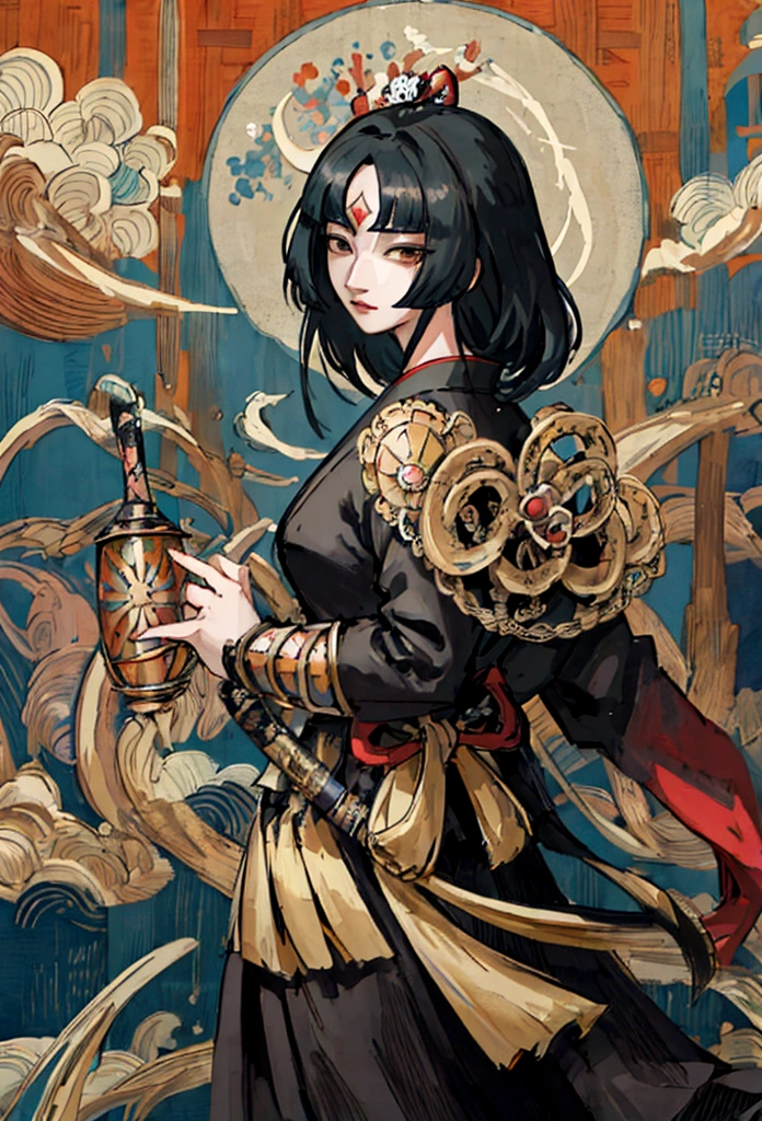 a picture of Japanese female knight, she has long black hair, wearing samurai armor, armed with a katana, ready for battle, ((shot taken from the back)), Japanese fantasy art, (Masterpiece: 1.5), 16k, highres, best quality, high details, ultra detailed, masterpiece, best quality, (extremely detailed), arafed, dnd art, JapaneseKatana