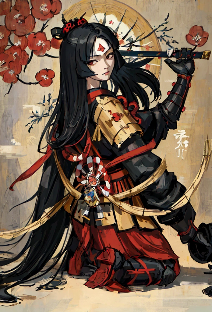 una imagen de una caballero japonesa, ella tiene el pelo largo y negro, usando armadura samurái, armado con una katana, preparado para la batalla, ((disparo tomado desde atrás)), arte de fantasía japonés, (obra maestra: 1.5), 16k, alta resolución, mejor calidad, detalles altos, ultra detallado, obra maestra, mejor calidad, (extremadamente detallado), arafa, dnd arte, JaponésKatana