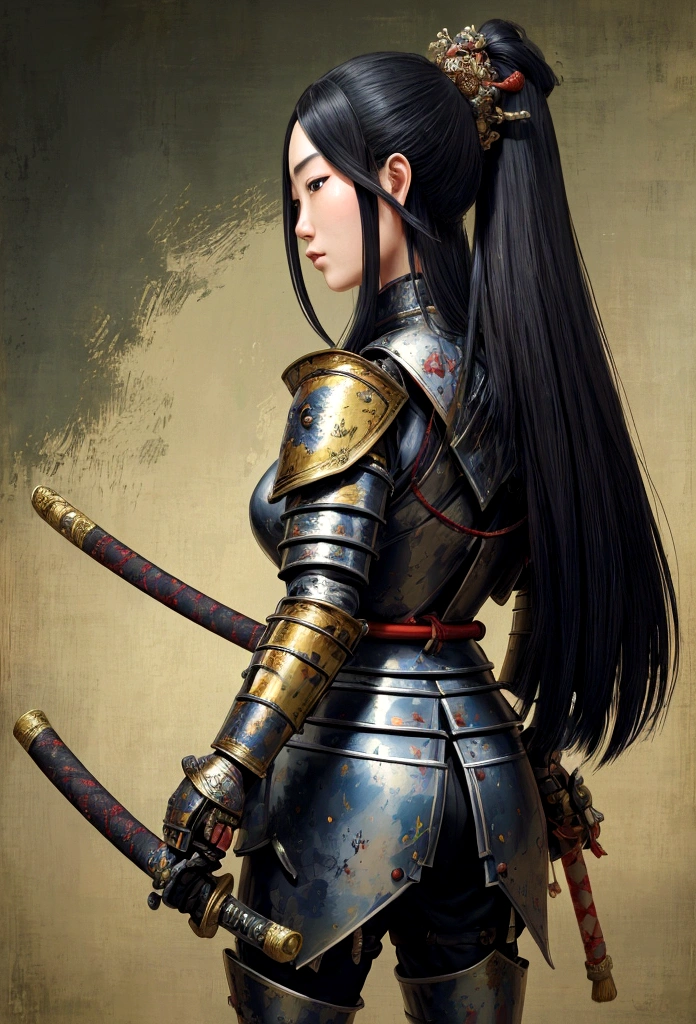 a picture of Japanese female knight, she has long black hair, wearing samurai armor, armed with a katana, ready for battle, ((shot taken from the back)), Japanese fantasy art, (Masterpiece: 1.5), 16k, highres, best quality, high details, ultra detailed, masterpiece, best quality, (extremely detailed), arafed, dnd art, JapaneseKatana