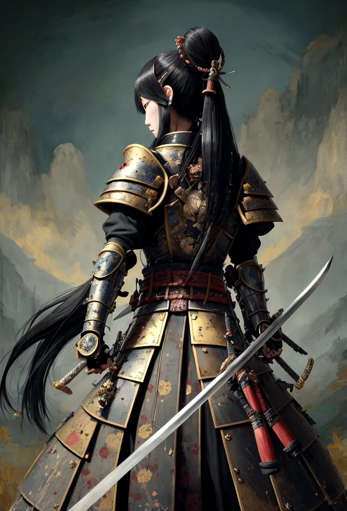 a picture of japanese female knight, she has long black hair, wearing samurai armor, armed with a katana, ready for battle, ((sh...