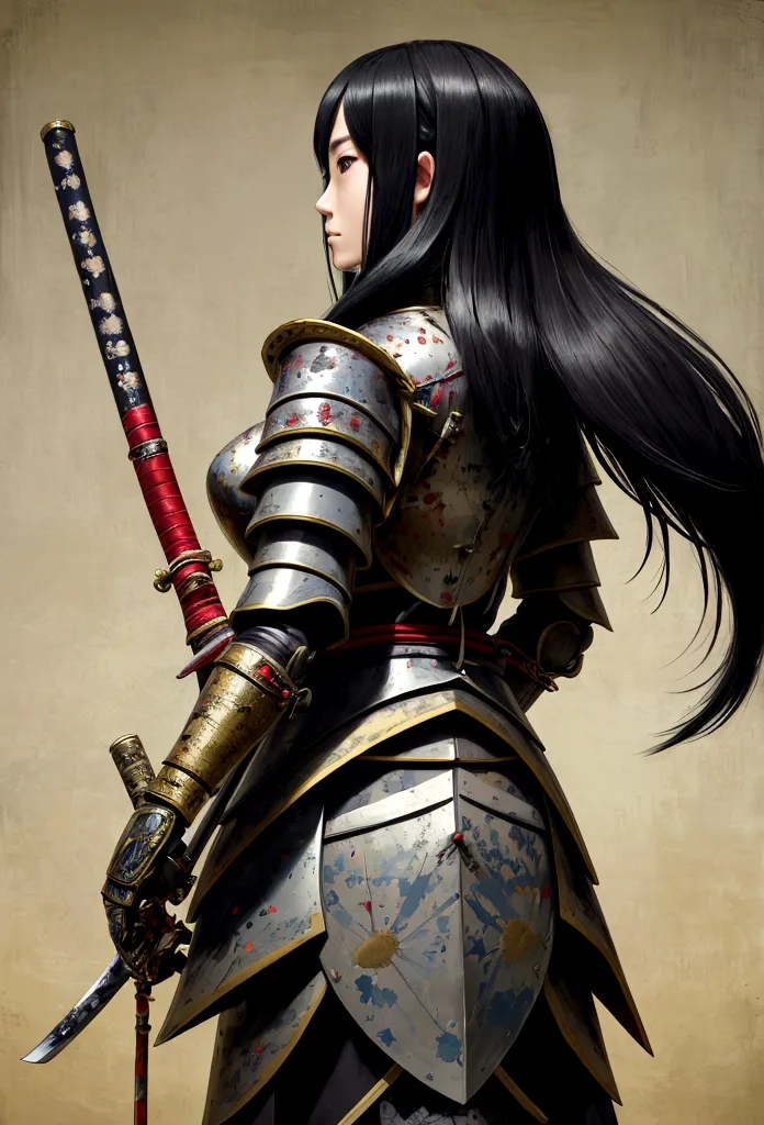 a picture of japanese female knight, she has long black hair, wearing samurai armor, armed with a katana, ready for battle, ((sh...