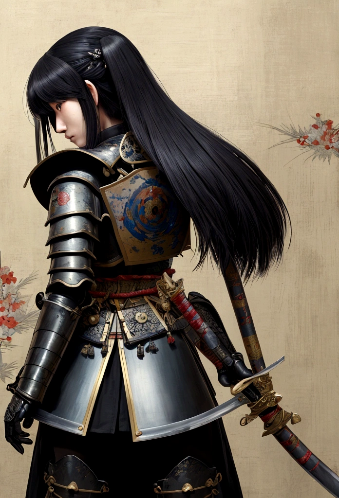 a picture of Japanese female knight, she has long black hair, wearing samurai armor, armed with a katana, ready for battle, ((shot taken from the back)), Japanese fantasy art, (Masterpiece: 1.5), 16k, highres, best quality, high details, ultra detailed, masterpiece, best quality, (extremely detailed), arafed, dnd art, JapaneseKatana