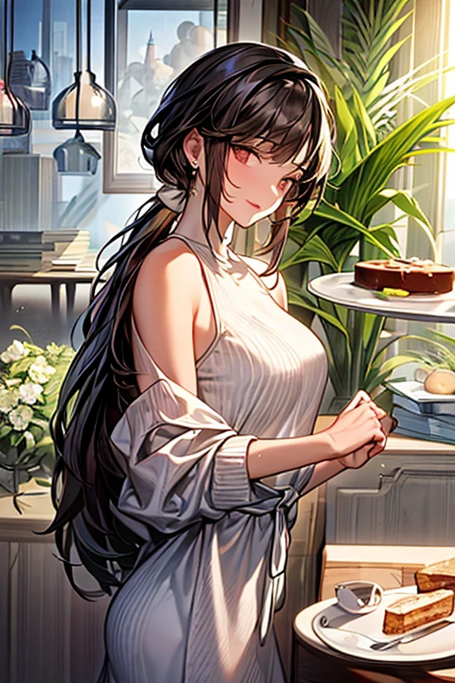 masterpiece, yor, 1girl, Amazing Cleavage:1.3, thin waist, big ass, Raised sexy, medium breast: 1.8 posed cleavage:1.2、solo, looking at viewer, open mouth, have a cup of coffee,black hair, red eyes, dress, bare shoulders, jewelry, collarbone, sidelocks, hairband, earrings, indoors, off shoulder, :o, sweater, arms behind back, plant, short hair with long locks, white hairband, off-shoulder dress, sweater dress, off-shoulder sweater, red sweater, big side hair, very long side hair,is rendered in (masterpiece: 1.2, best quality), with (ultra high resolution) and an exquisite (depth of field). This masterpiece is not only visually stunning but also tells, make of cake cooking ,in the kitchen
