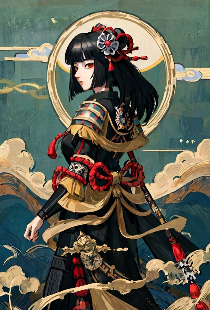 uma foto de uma cavaleira japonesa, Ela tem o cabelo preto longo, vestindo armadura de samurai, armado com uma katana, pronto para a batalha, ((tiro tirado das costas)), Arte de fantasia japonesa, (obra de arte: 1.5), 16k, alta resolução, melhor qualidade, detalhes altos, ultra detalhado, obra de arte, melhor qualidade, (extremamente detalhado), arafed, arte, Katana Japonesa