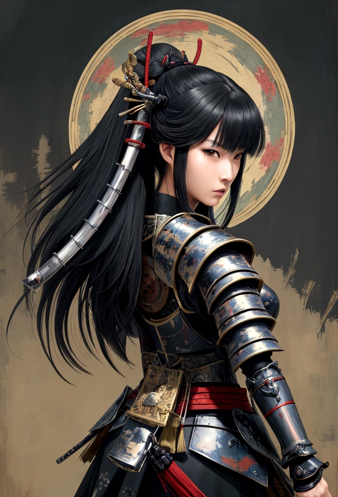 ein Bild einer japanischen Ritterin, sie hat lange schwarze Haare, Samurai-Rüstung tragen, bewaffnet mit einem Katana, bereit für den Kampf, ((Aufnahme von hinten)), Japanische Fantasy-Kunst, (Meisterwerk: 1.5), 16k, highres, beste Qualität, hohe Details, Extrem detailliert, Meisterwerk, beste Qualität, (Extrem detailliert), arabisch, dnd kunst, Japanisches Katana