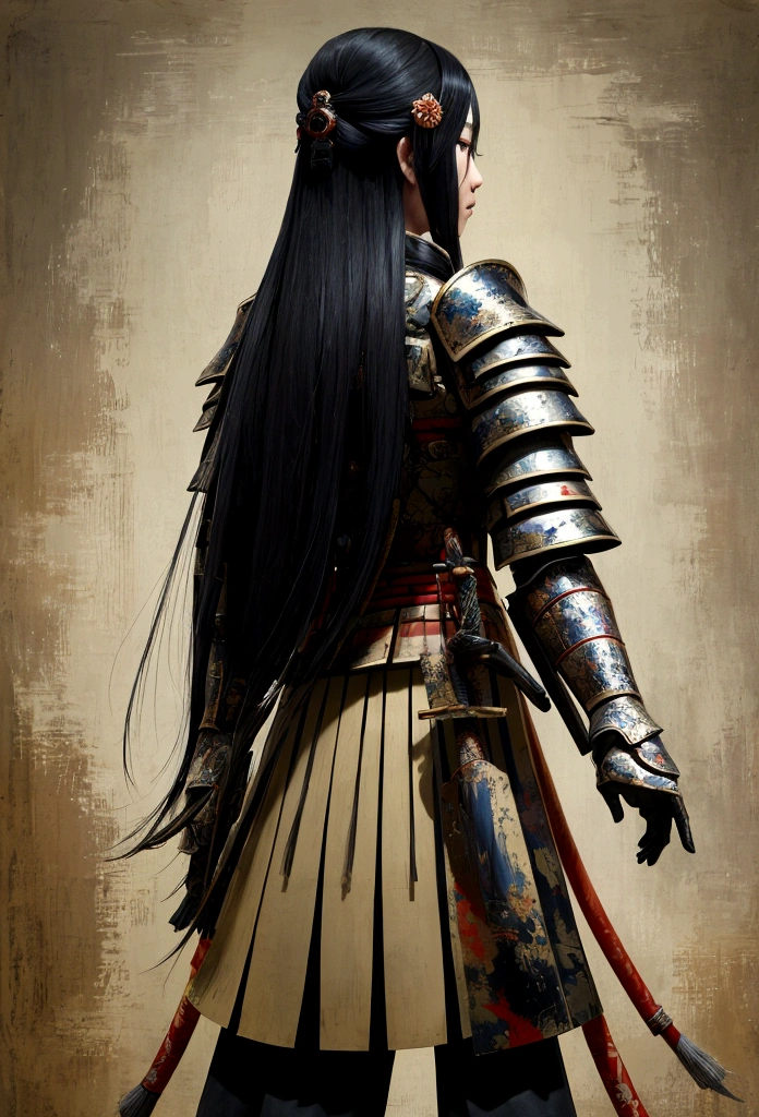 日本女騎士圖片, 她有一頭長長的黑髮, 穿著武士盔甲, 手持武士刀, 準備戰鬥, ((從後面拍攝的照片)), 日本奇幻艺术, (傑作: 1.5), 16k, 高解析度, 最好的品質, 高細節, 超詳細, 傑作, 最好的品質, (非常詳細), 阿拉費德, dnd藝術, 日本武士刀