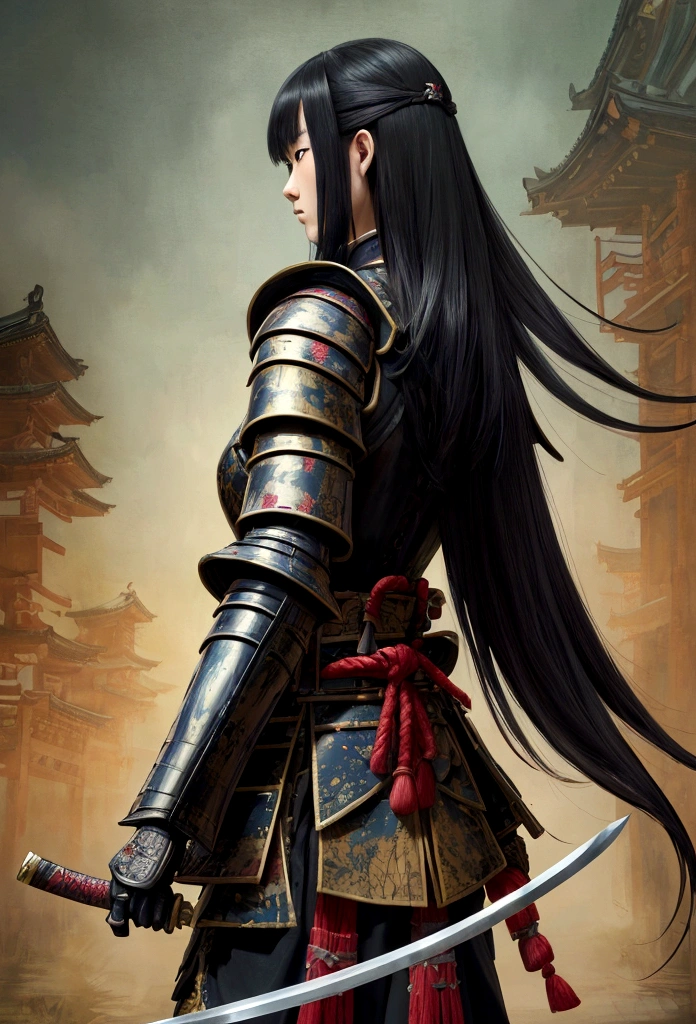 a picture of Japanese female knight, she has long black hair, wearing samurai armor, armed with a katana, ready for battle, ((shot taken from the back)), Japanese fantasy art, (Masterpiece: 1.5), 16k, highres, best quality, high details, ultra detailed, masterpiece, best quality, (extremely detailed), arafed, dnd art, JapaneseKatana