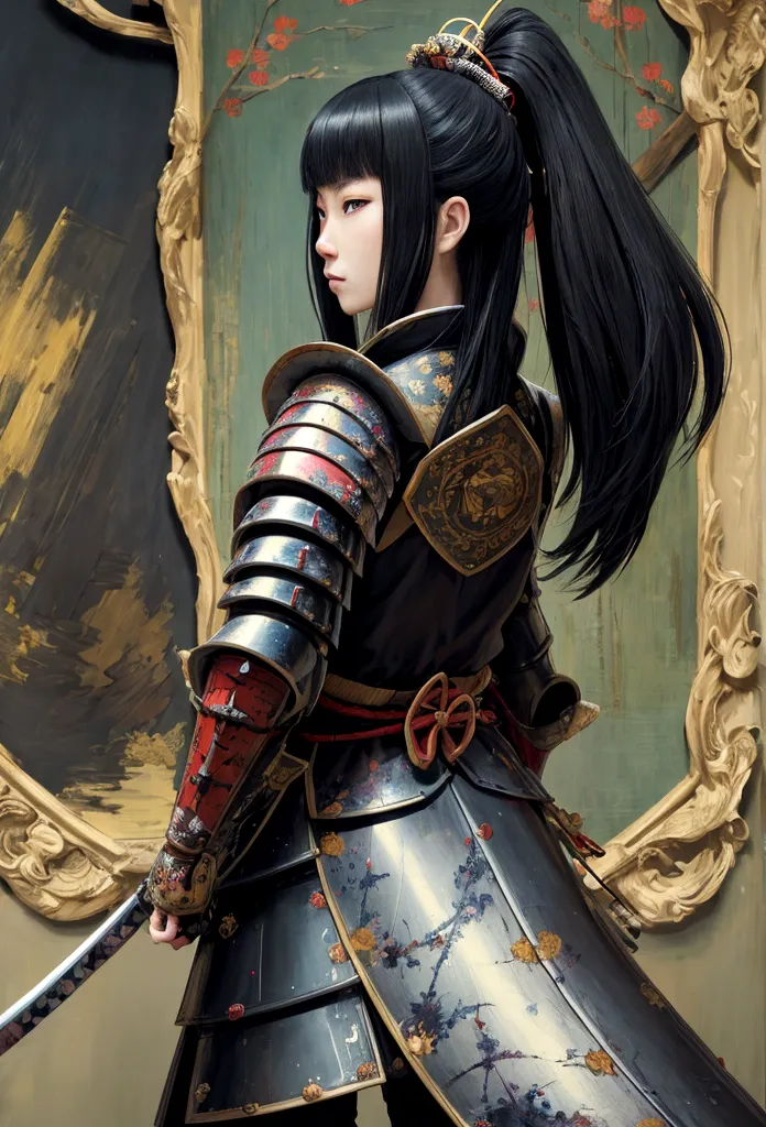 a picture of japanese female knight, she has long black hair, wearing samurai armor, armed with a katana, ready for battle, ((sh...