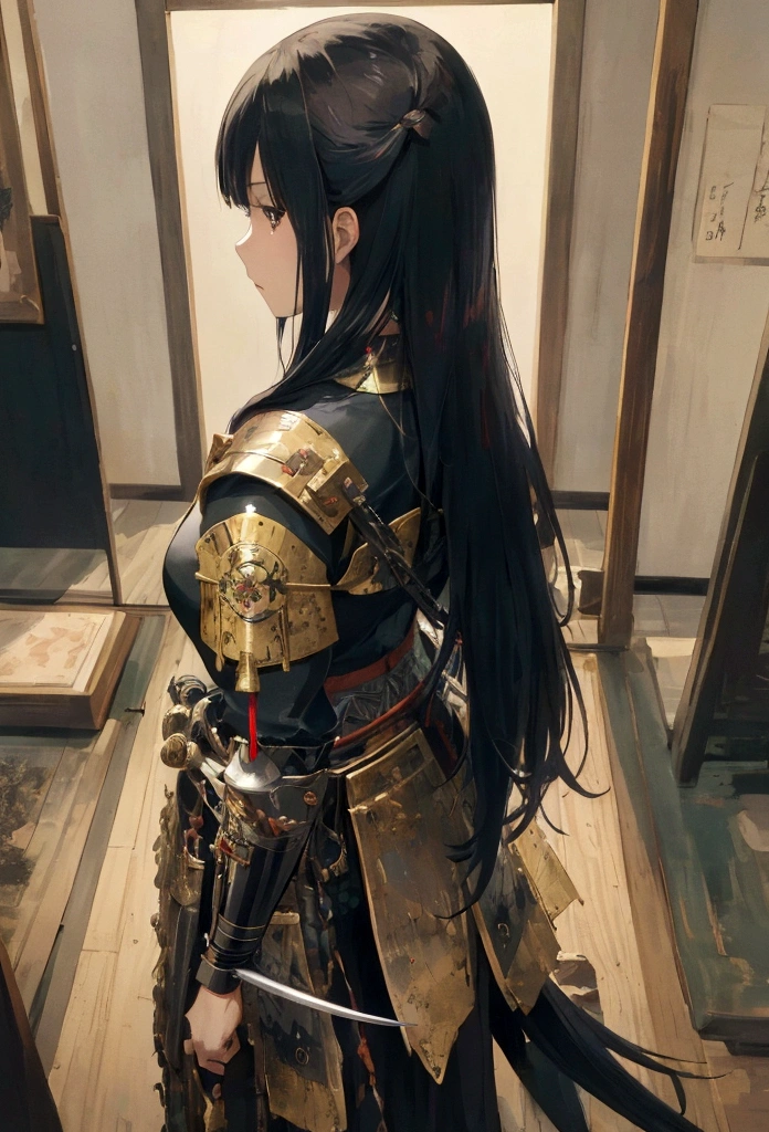 日本の女性騎士の写真, 彼女は長い黒髪をしている, 武士の甲冑を着る, 刀を装備した, 戦闘準備完了, ((後ろから撮影した写真)), 日本のファンタジーアート, (傑作: 1.5), 16k, 高解像度, 最高品質, 細部までこだわった, 超詳細, 傑作, 最高品質, (非常に詳細な), アラフェド, dndアート, 日本語刀