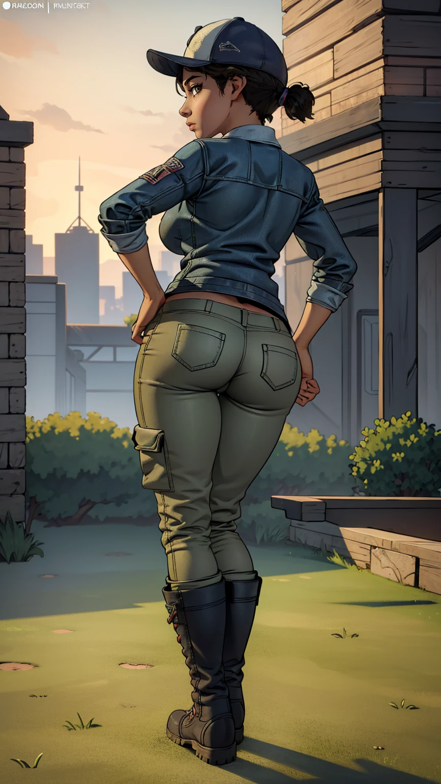 ((masterpiece, best quality)),(complex lighting) ,solo,(((1girl))) ,clementine, light skin,light-skinned female, baseball cap, green cargo pants, brown eyes, tight pants, combat boots, shirt, short hair, one short ponytail, open denim jacket, huge butt, thicc butt , (((8k))), (((full body))), (((bent over))), (((looking at the viewer))), cameltoe