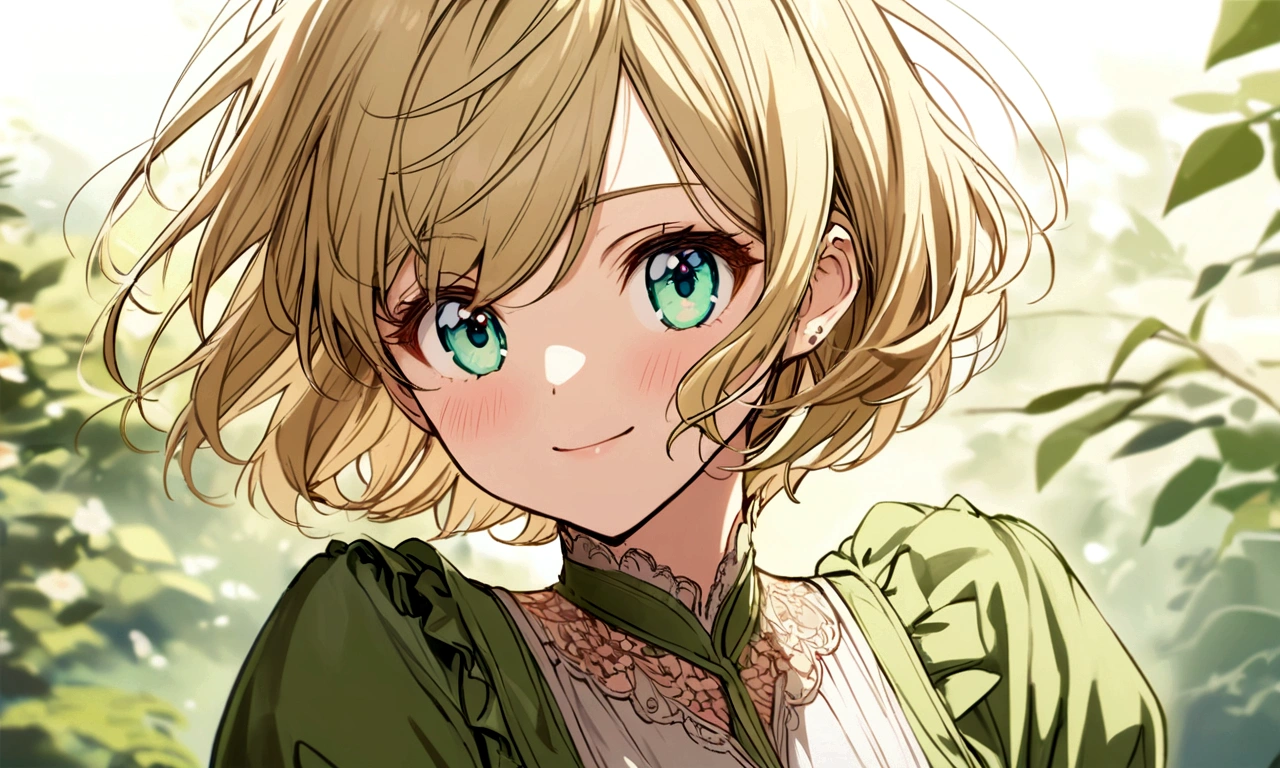 Female Green clothes Short Hair Blonde anime smile - SeaArt AI