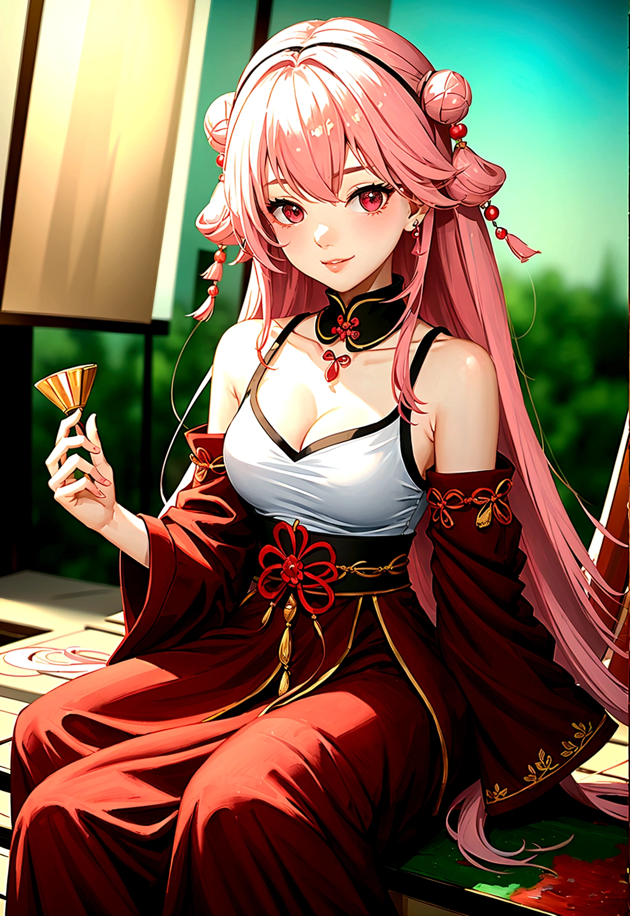 1girl, (ulzzang-6500:0.7), kpop idol, yae miko, detached sleeves, bare shoulders, pink hair, long hair, japanese clothes, best quality, (painting:1.5), (hair ornament:1.35), jewelry, purple eyes, earrings, breasts, torii,  cherry blossoms,  lantern light, depth of field, detailed face, face focus, ribbon_trim, (looking at viewer:1.25), nontraditional miko, shiny skin, long sleeves, smile, thick lips, game cg, hands on lips, east asian architecture, (blurry background:1.2), sitting, upper body,