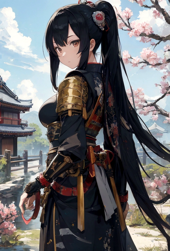 a Japanese art picture of Japanese female knight, she has long black hair, wearing samurai armor, armed with a katana, ready for battle, ((shot taken from the back)), Japanese fantasy art, (Masterpiece: 1.5), 16k, highres, best quality, high details, ultra detailed, masterpiece, best quality, (extremely detailed), arafed, battoujutsu