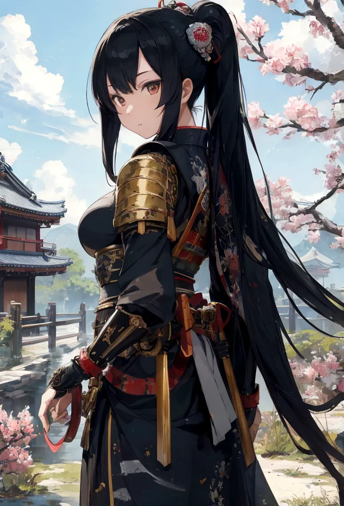 a Japanese art picture of Japanese female knight, she has long black hair, wearing samurai armor, armed with a katana, ready for...