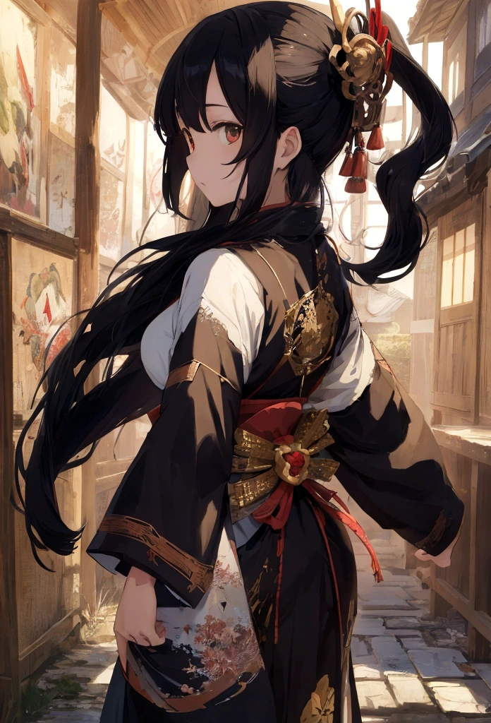 uma imagem de arte japonesa de uma cavaleira japonesa, Ela tem o cabelo preto longo, vestindo armadura de samurai, armado com uma katana, pronto para a batalha, ((tiro tirado das costas)), Arte de fantasia japonesa, (Obra de arte: 1.5), 16K, alta resolução, melhor qualidade, detalhes altos, ultra detalhado, Obra de arte, melhor qualidade, (extremamente detalhado), arafed, battoujutsu