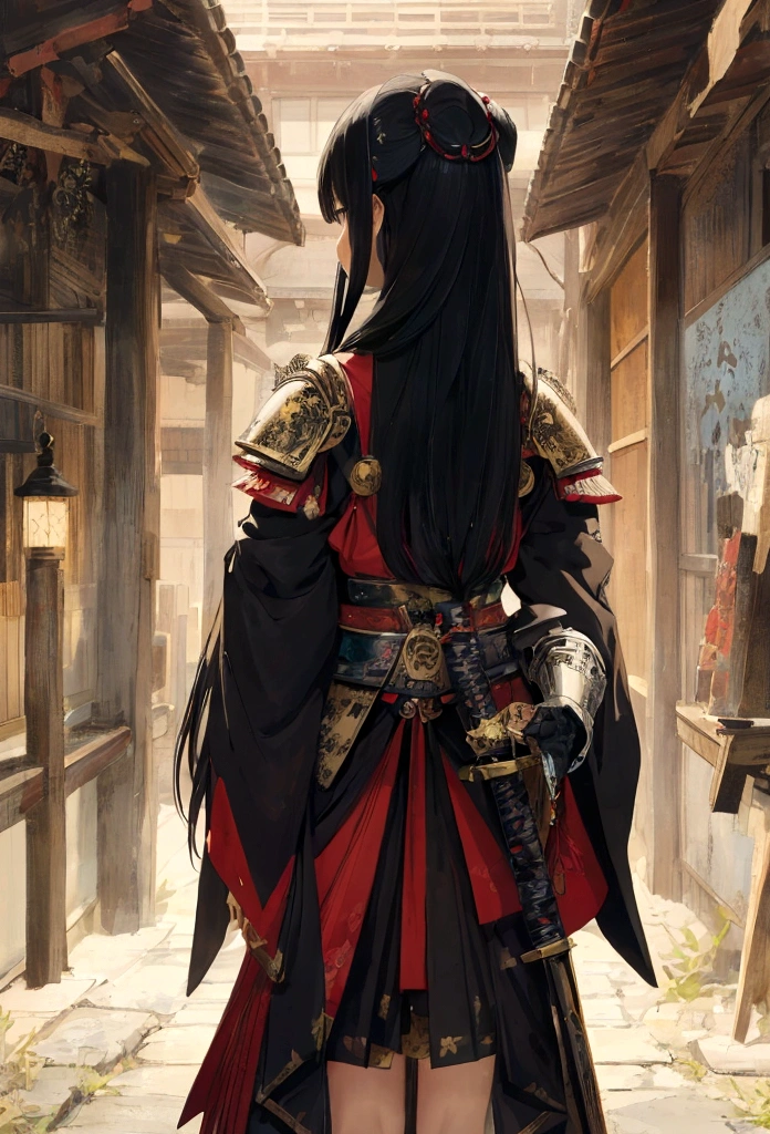 ein japanisches Kunstbild einer japanischen Ritterin, Sie hat lange schwarze Haare, Samurai-Rüstung tragen, bewaffnet mit einem Katana, bereit für den Kampf, ((Aufnahme von hinten)), Japanische Fantasy-Kunst, (Meisterwerk: 1.5), 16k, highres, beste Qualität, hohe Details, Extrem detailliert, Meisterwerk, beste Qualität, (extrem detailliert), arabisch, Battoujutsu