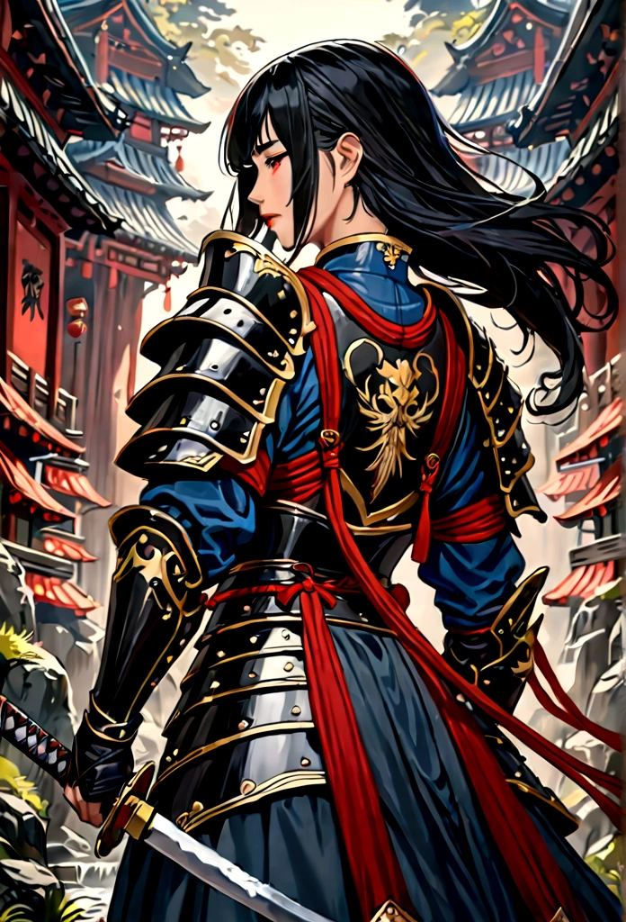 ein Bild einer japanischen Ritterin, sie hat lange schwarze Haare, Samurai-Rüstung tragen, bewaffnet mit einem Katana, bereit für den Kampf, ((Aufnahme von hinten)), Japanische Fantasy-Kunst, (Meisterwerk: 1.5), 16k, highres, beste Qualität, hohe Details, Extrem detailliert, Meisterwerk, beste Qualität, (Extrem detailliert), arabisch, dnd kunst, Japanisches Katana