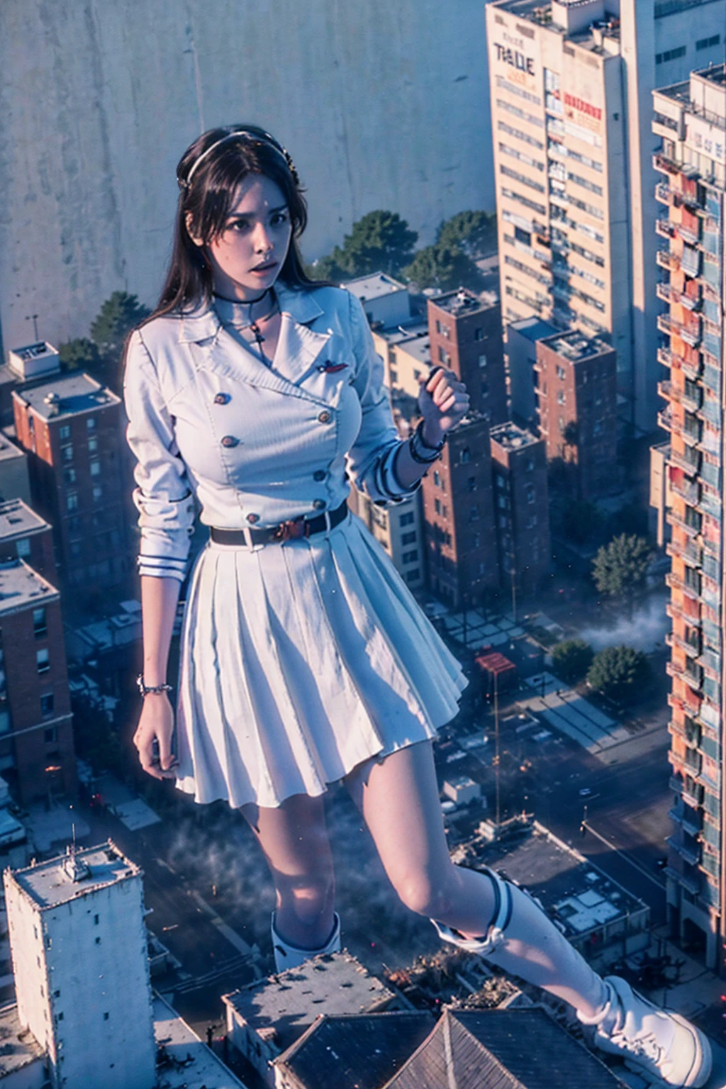 Giant maiden，der riese、Girl taller than the building，from below, round and large eyes、tallgts,giantess，Full body photo，BuildingSeat, white uniform，Big breasts，pencil skirts，，white boots，cleveage of the breast、a miniskirt、Modern miniature buildings、top-quality、Watercolor style、stom'